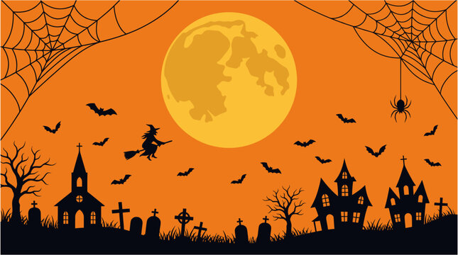 A spooky halloween night scene with a full moon silhouetted haunted houses bats a witch and cobwebs for a festive and frightful atmosphere