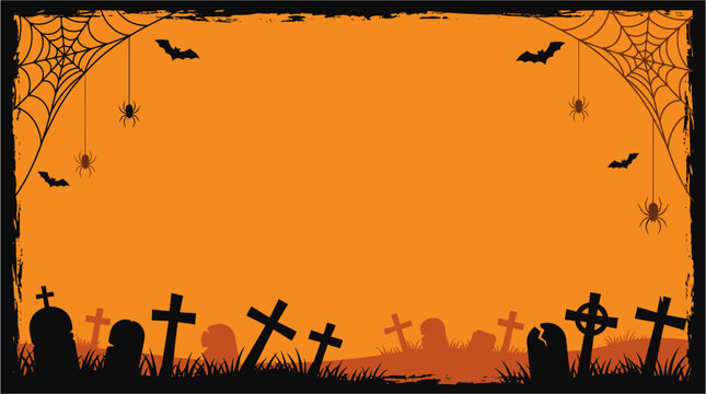 A spooky and festive halloween background featuring a graveyard silhouette cobwebs bats and spiders perfect for seasonal designs and eerie celebrations
