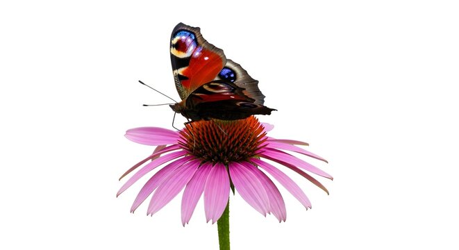 european peacock butterfly feeding on a purple coneflower blossom isolated on a pure white background in a detailed macro nature photography shot