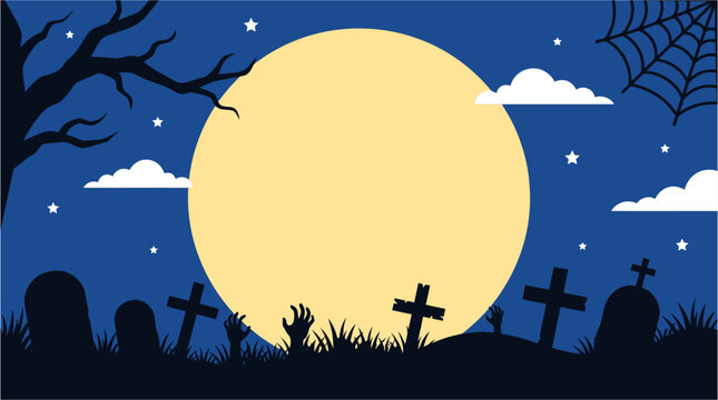 A spooky and atmospheric halloween night scene with a full moon silhouetted graveyard and eerie branches perfect for festive designs and seasonal celebrations