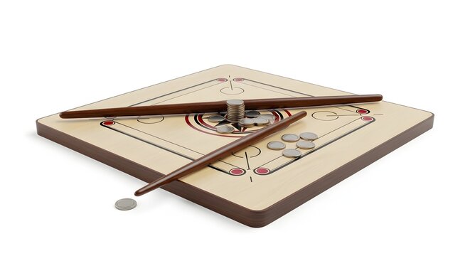 A wooden carrom board with playing coins and strikers isolated on a white background, tabletop game for recreation