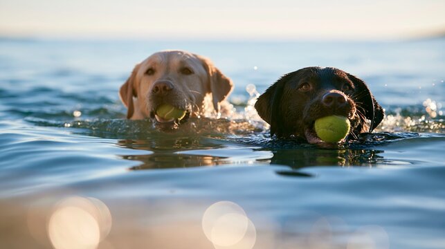 Labradors swimming with tennis balls, enjoying play and refreshing water on a sunny outdoor day