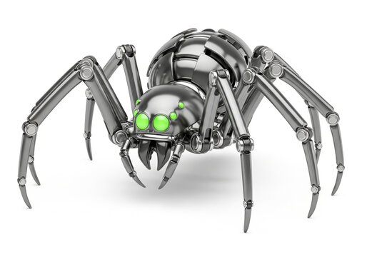 Metallic mechanical spider robot with glowing green eyes