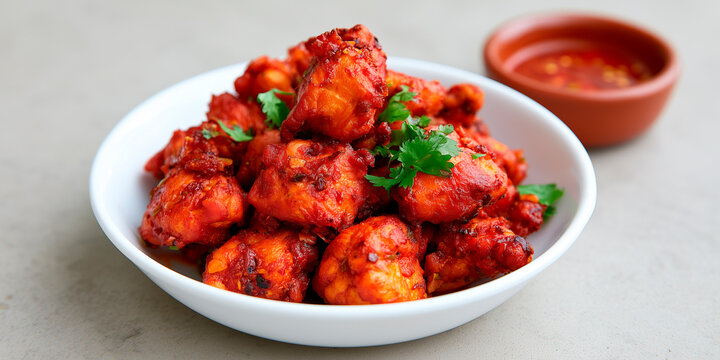 Spicy chicken 65 served in white bowl with fresh coriander garnish and chili sauce. Small chicken pieces have crispy fried texture and rich red marinade, seasoned with spices