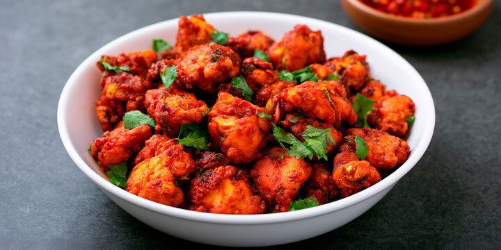 Spicy chicken 65 served in white bowl with fresh coriander garnish and chili sauce. Small chicken pieces have crispy fried texture and rich red marinade, seasoned with spices