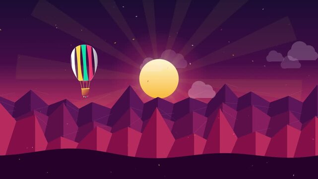 Colorful hot air balloon flying over geometric mountains at sunset