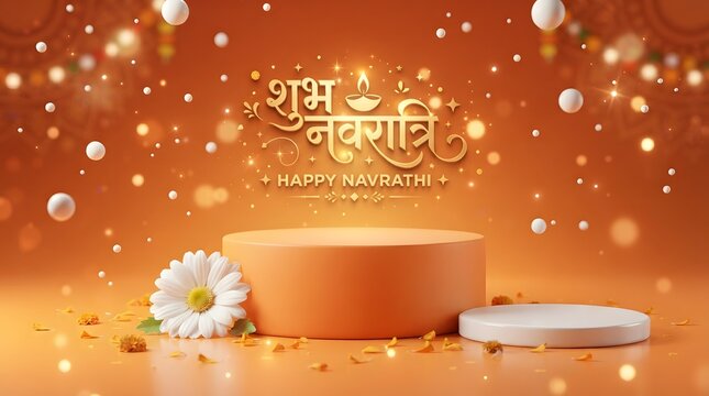 Happy navratri festive background with orange podium and daisy flower