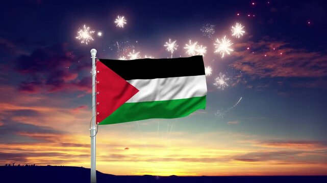 Palestinian flag waves proudly with fireworks in the motion footage clip