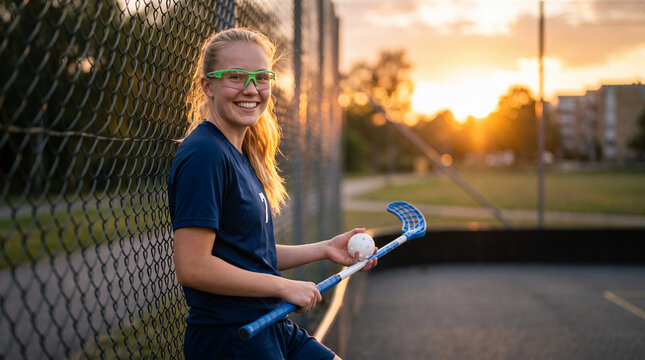 Teenage girl in sports gear with floorball stick and ball, smiling at sunset, symbolizing sport, youth, and outdoor activity