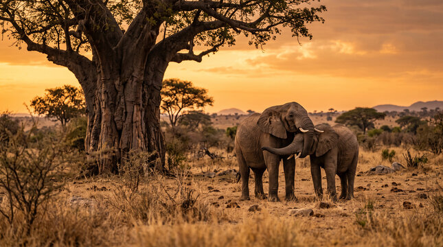 Two elephants touch trunks under a baobab tree at sunset, symbolizing family, love, and the wild savanna, capturing a moment of tenderness.