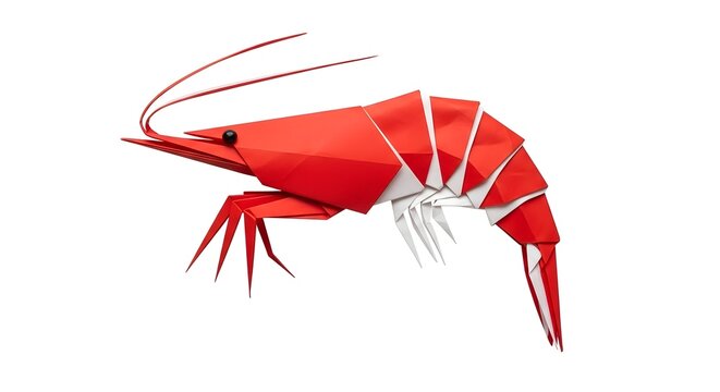 red origami shrimp paper craft isolated on white background artistic sea animal handmade sculpture japanese art style marine life concept