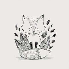 Naklejka premium A simple sketch features a fox among leaf doodles. The fox has a friendly expression and stands out in the center of the arrangement.