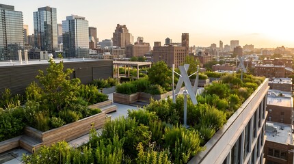 Fototapeta premium Lush rooftop garden filled with plants and vegetation overlooking a modern city skyline, representing urban sustainability and green infrastructure.