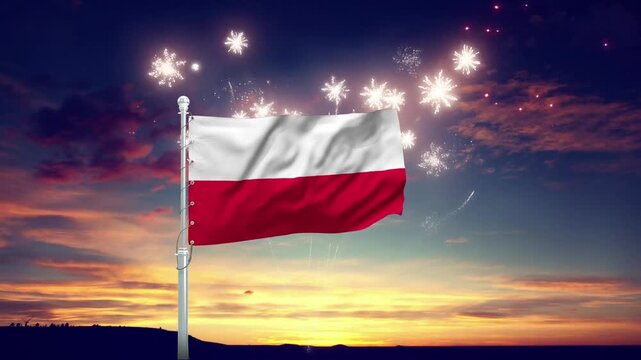 Polish flag waving proudly with fireworks celebration video motion