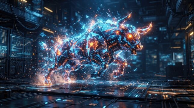 A futuristic, digital bull bursts through a neon-lit cityscape.