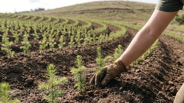 Gloved hand planting a young seedling in cultivated soil, representing sustainable agriculture, reforestation, farming, and environmental conservation.