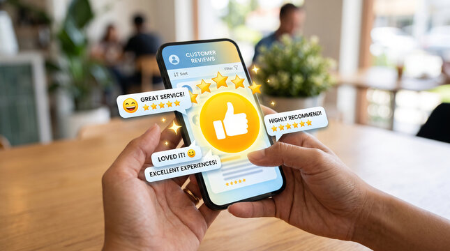 Hands holding smartphone displaying customer reviews with star ratings and positive feedback, symbolizing satisfaction and good service