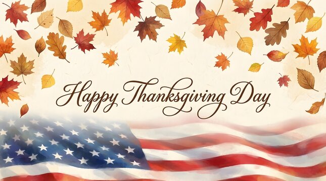 Happy thanksgiving day greeting card with falling autumn leaves and a waving american flag background design