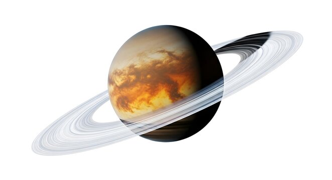 A detailed 3D rendering of a gas giant planet with glowing rings and atmospheric clouds isolated on white background for astronomy concepts