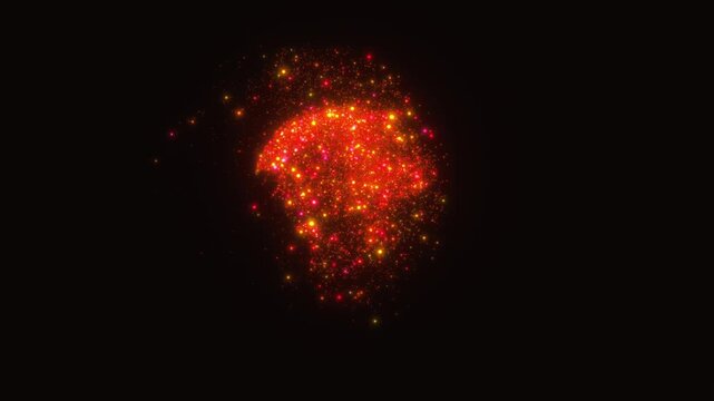 Fiery glowing particle sphere erupts in a dark void during a 3D animation visualising panic attack anxiety and mental burnout