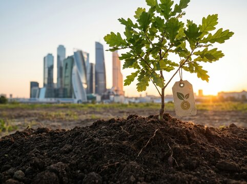 Young oak sapling planted in urban soil with city skyline at sunset for sustainability campaign banner and green development background