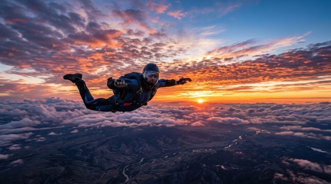 Skydiver in freefall over clouds at sunset