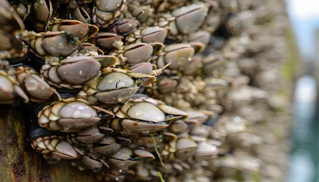 Close-up of numerous goose barnacles clustered on a wet marine surface, highlighting their unique shells, fleshy stalks, and glistening water droplets. Detailed macro shot of sea life.