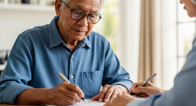Focused elderly Asian man with gray hair and glasses wearing a blue shirt signing important legal documents or insurance papers at a table at home.