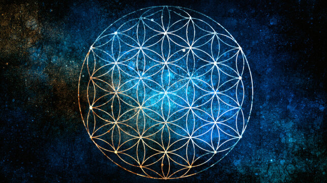 Flower of Life sacred geometry symbol in gold and white on deep blue cosmic background