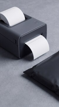 Desktop Label Printer Dispensing Shipping Label Beside Mailer Bag