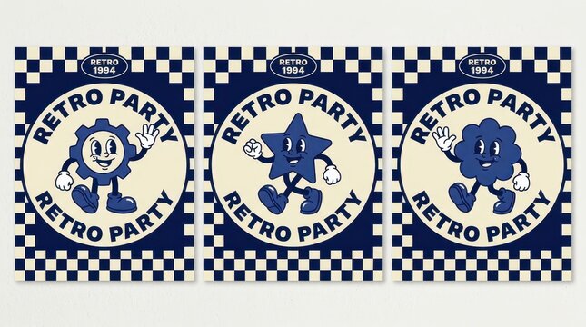 Set of Three Retro Party 1994 Posters with Vintage Cartoon Characters and Checkered Background in Navy Blue