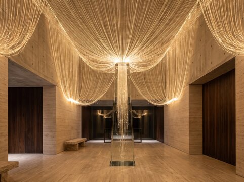 Luxury hotel lobby interior with cascading fiber optic chandeliers and draped light installations for architectural background and hospitality design