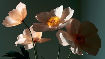Fototapeta premium Delicate peach colored paper flowers with golden centers arranged against a muted green backdrop under soft side lighting