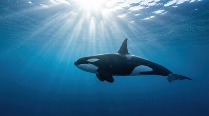 Fototapeta premium Orca whale swimming underwater with sunlight rays