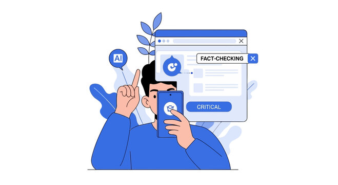 AI-Powered Fact-Checking Illustration: Concept of Digital Information Verification and Critical Thinking in the Age of Artificial Intelligence