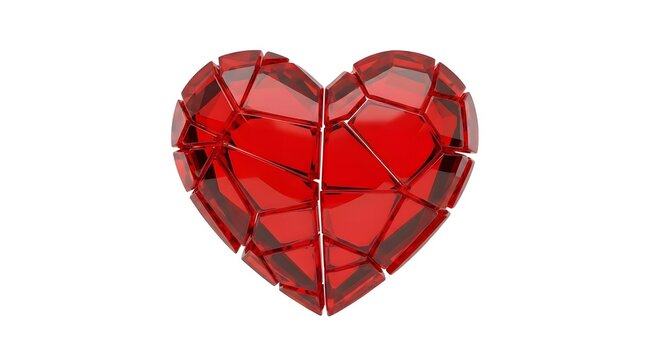a 3d rendered broken red glass heart shape representing heartache separation and emotional pain isolated on white background with clipping path