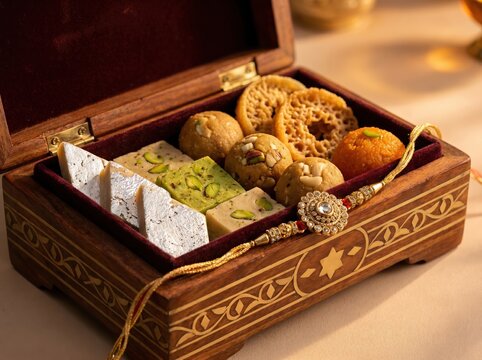 Premium wooden mithai box with pistachio barfi laddu peda and rakhi ornament on velvet for festive gift presentation and celebration display