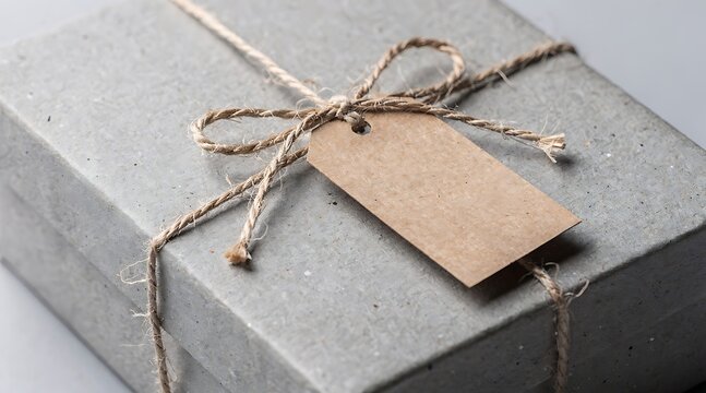 Gift box wrapped in textured gray paper tied with twine and a blank tag.