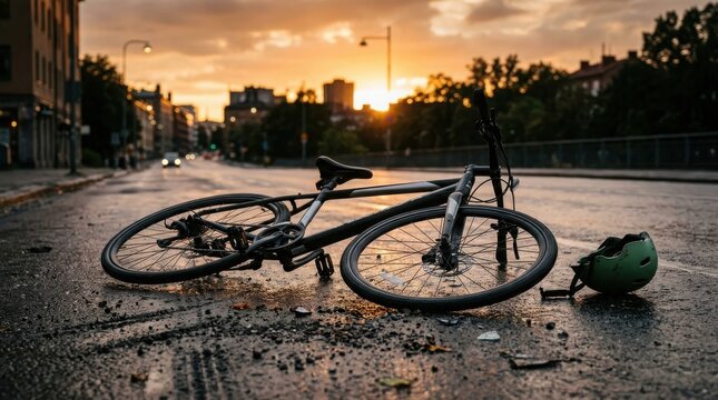 Bicycle accident on wet city street at sunset with abandoned helmet , Dangerous crash accident, Distracted driving, Emergency response, Highway collision