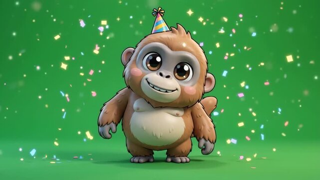 Adorable Baby Monkey Wearing Party Hat with Confetti Celebration, Cute Animal Character for Kids Birthday Parties and Joyful Events