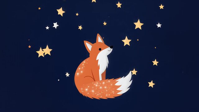 Cute Cartoon Fox Sitting Under Night Sky With Magical Glowing Stars