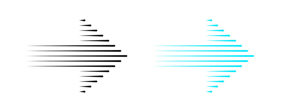 Abstract arrow symbol, two dynamic designs, black and blue speed lines indicating forward movement isolated on transparent background.