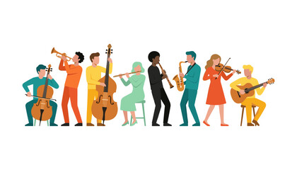 Obraz premium Diverse Musicians and Orchestral Band Vector Set with Flat Characters Playing Cello Trumpet Double Bass Flute Oboe Saxophone Violin and Acoustic Guitar Isolated on White Background
