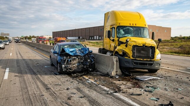 car crash on highway with semi-truck damage , Dangerous crash accident, Distracted driving, Emergency response, Highway collision