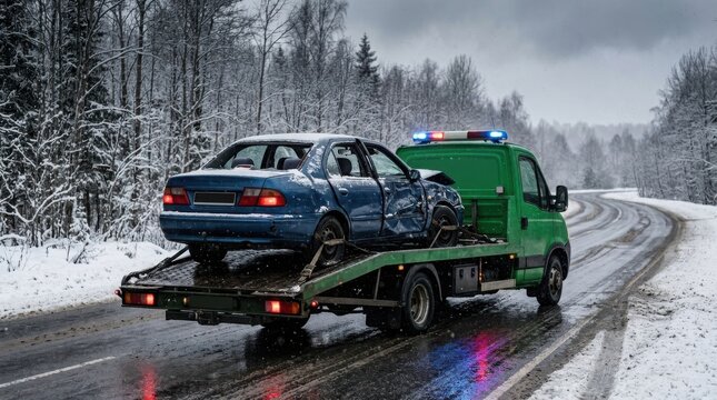 Tow truck driving down snowy highway with damaged blue car , Dangerous crash accident, Distracted driving, Emergency response, Highway collision