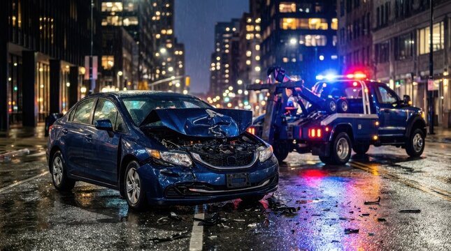 Car accident on city street at night with damaged vehicle and tow truck , Dangerous crash accident, Distracted driving, Emergency response, Highway collision