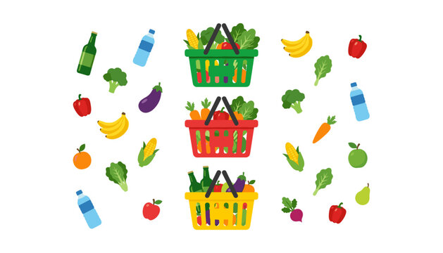 Grocery Shopping Basket Vector Set with Colorful Plastic Baskets Full of Fresh Vegetables Fruits and Water Bottles Isolated on White Background