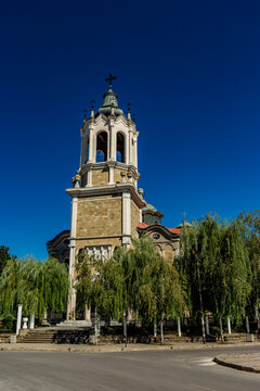 Large building of Saint Trinity church with bell tower on the top, Svishtov, Bulgaria