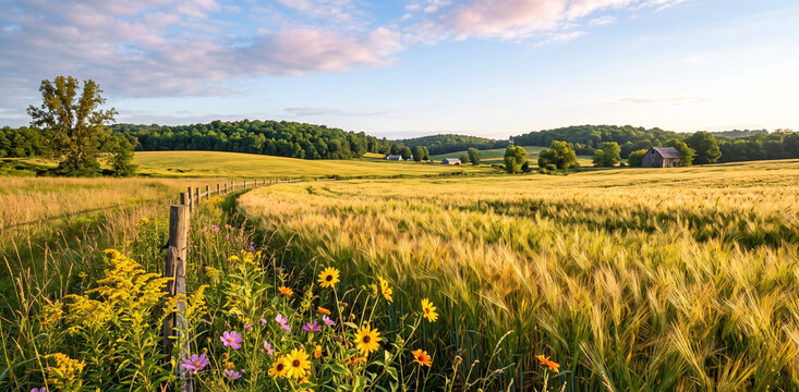 Endless blooming sunflower field at sunrise for uplifting and positive morning greetings