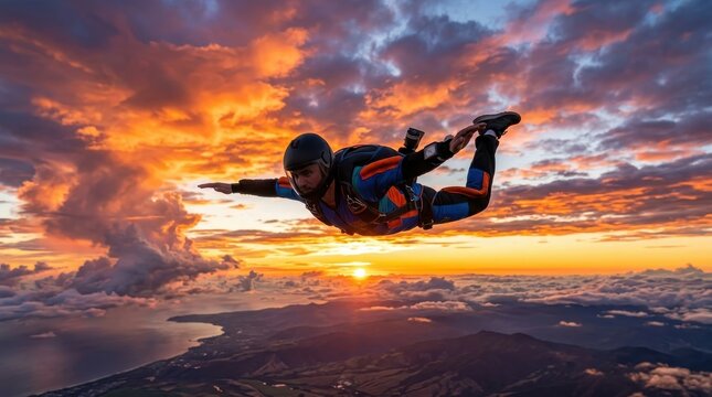 Skydiver in freefall against sunset sky